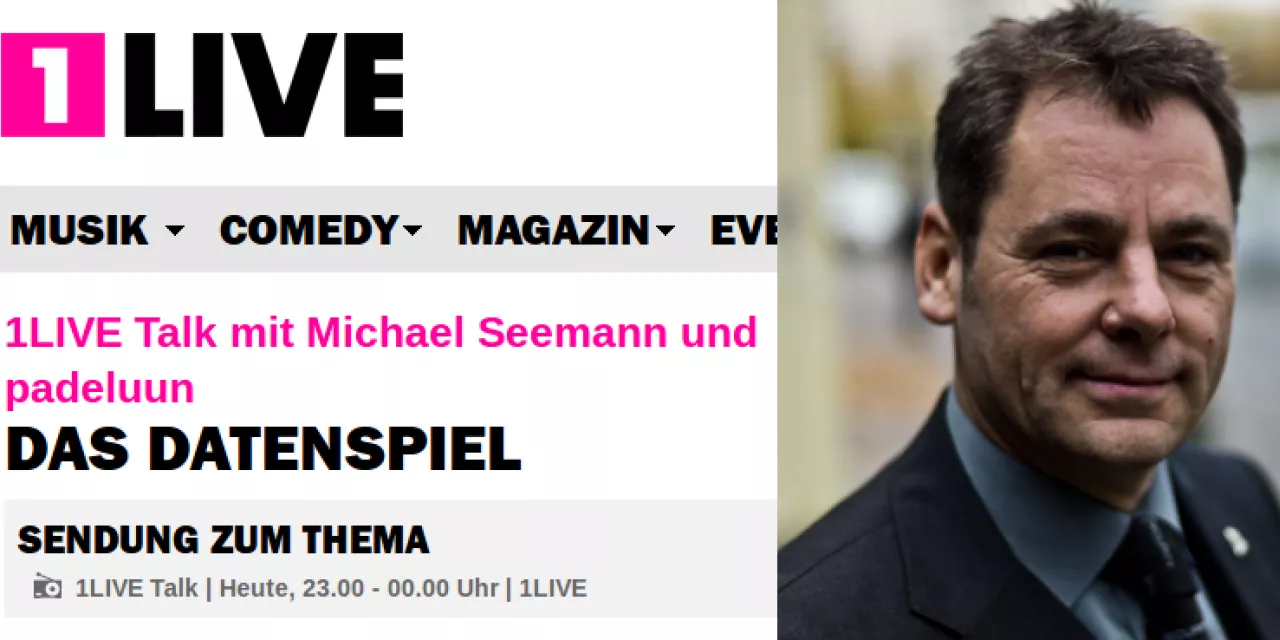 Collage: 1live-Sendetermin und eine Portraitaufnahme von padeluun.