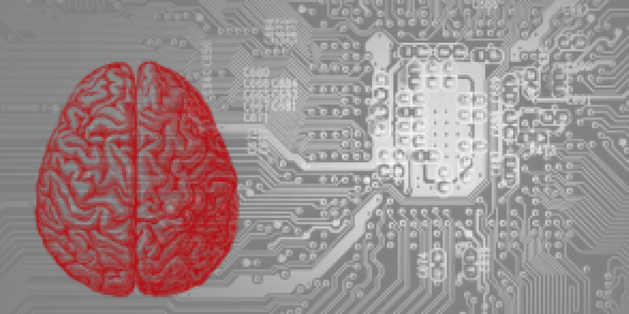 Collage: Ein gezeichnetes Gehirn (rot) vor einer Platine (grau).