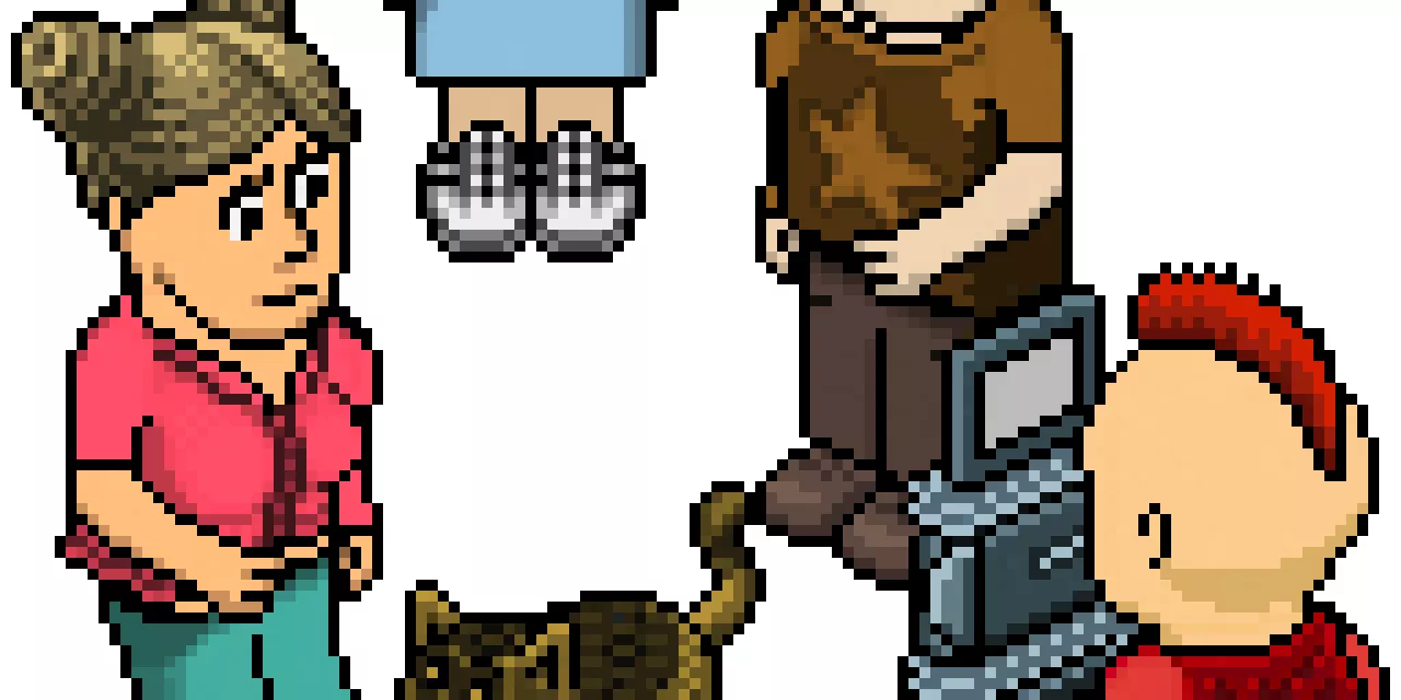 Pixelgrafik von vier Personen und einer Katze.