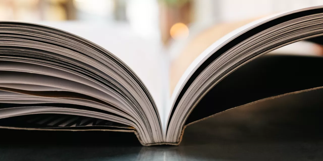 Ein aufgeschlagenes Buch, bei welchem man dein einzelnen Seiten von der Seite sieht.