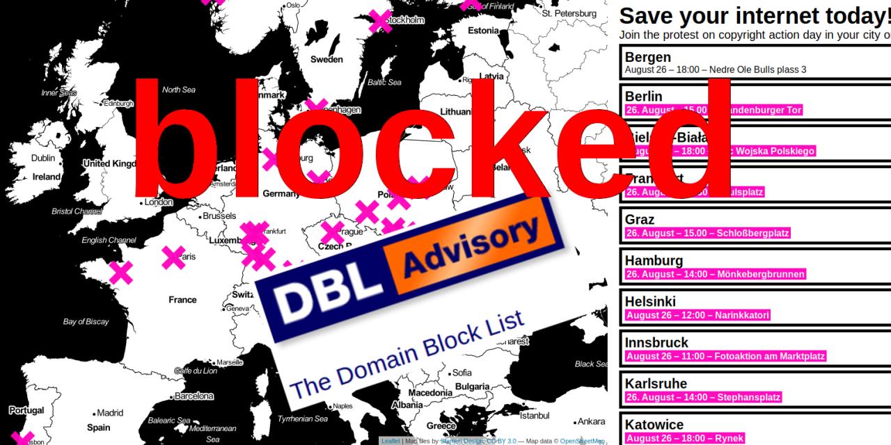 Collage: Europalandkarte in schwarz-weiß. Darüber das Wort in rot: "Blocked".