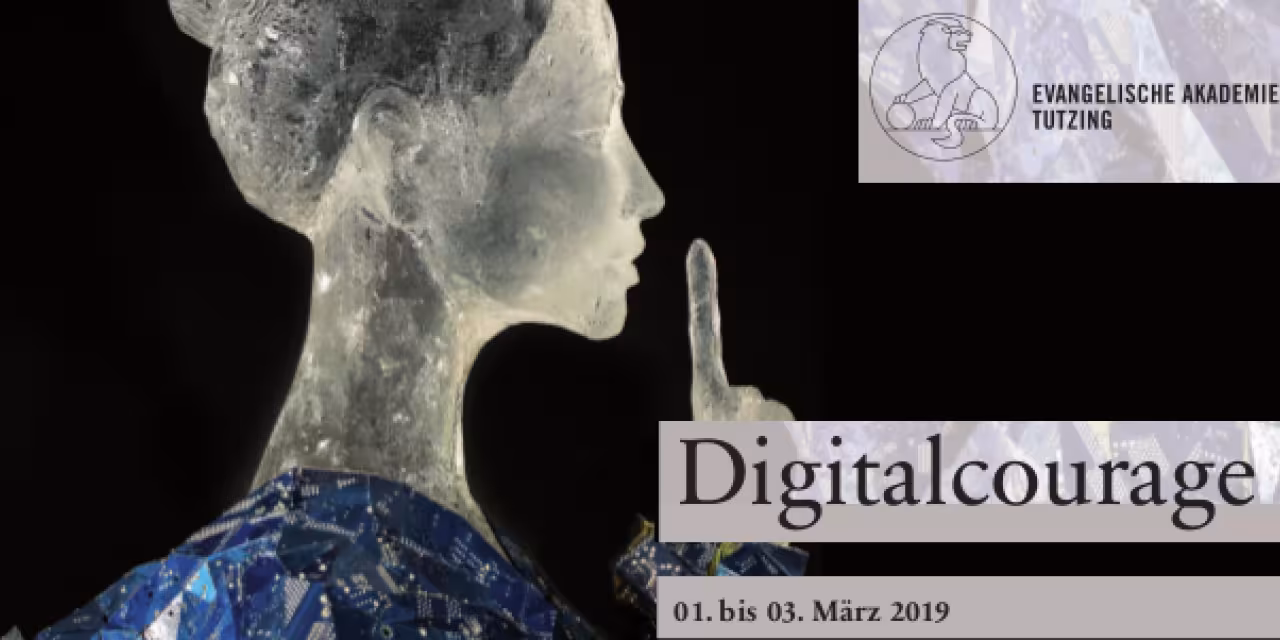 Flyer: Eine Statue von der Seite, die den Zeigefinger vor den Mund hält. Digitalcourage-Logo und Tagungsdaten.