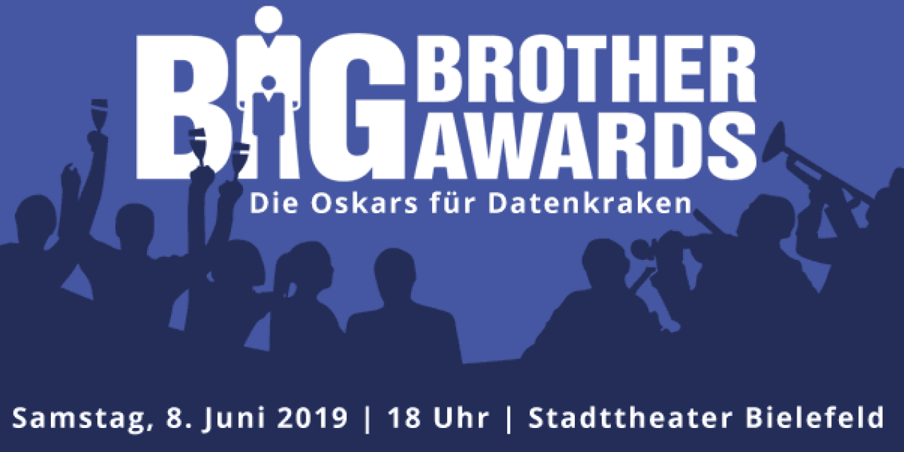 Das Logo der Big Brother Awards in weiß auf blauem Hintergrund. Darunter als Silhouette feiernde Menschen.
