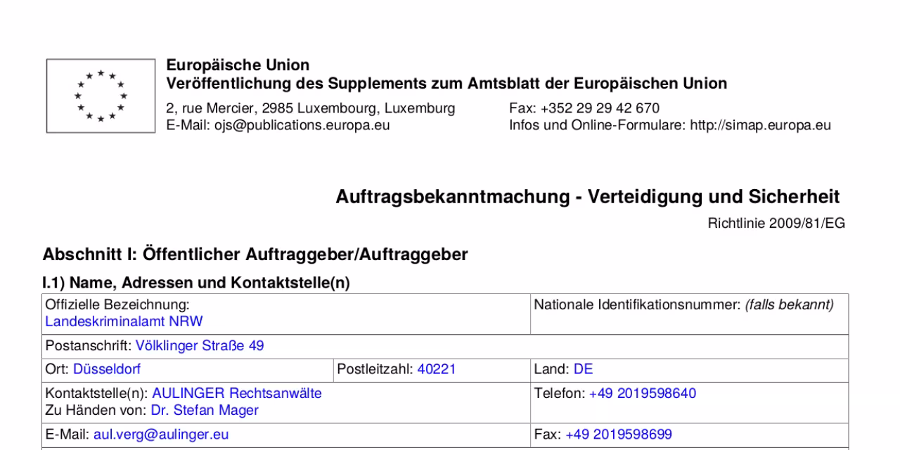 Screenshot einer Auftragsbekanntmachung.