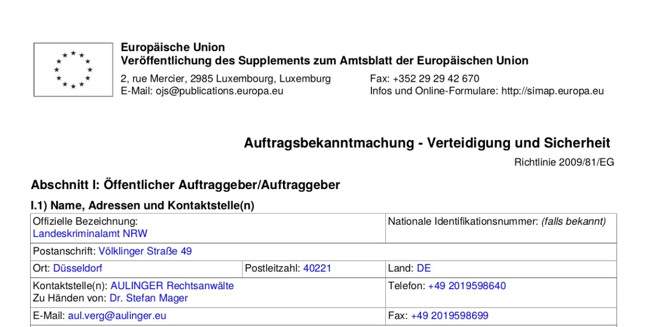 Screenshot einer Auftragsbekanntmachung.