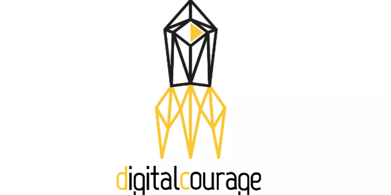 Grafik einer Rakete in den Farben schwar und gelb. Darunter ein Schriftzug „digitalcourage“
