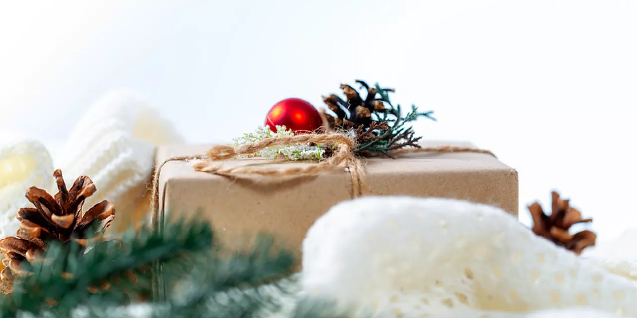 Ein in Paketpapier eingepacktes Geschenk mit weihnachtlicher Dekoration drumherum.