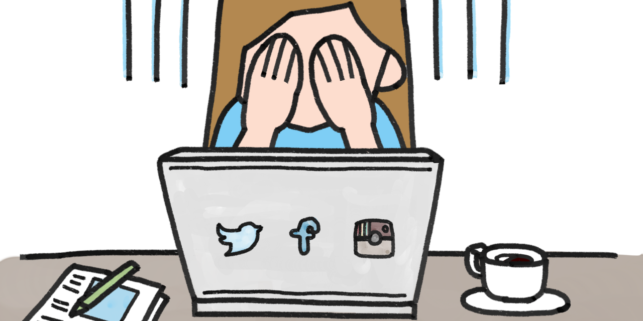 Illustration: Eine Person mit langen Haaren, die vor einem Laptop sitzt und sich die Augen zu hält. Auf dem Laptop sind die Logos von Twitter, Facebook und Instagram zu sehen.