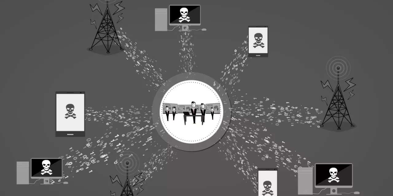 Symbolgrafik: Mehrere PCs mit Totenkopfsymbol sind verbunden zu einem Team aus Menschen.