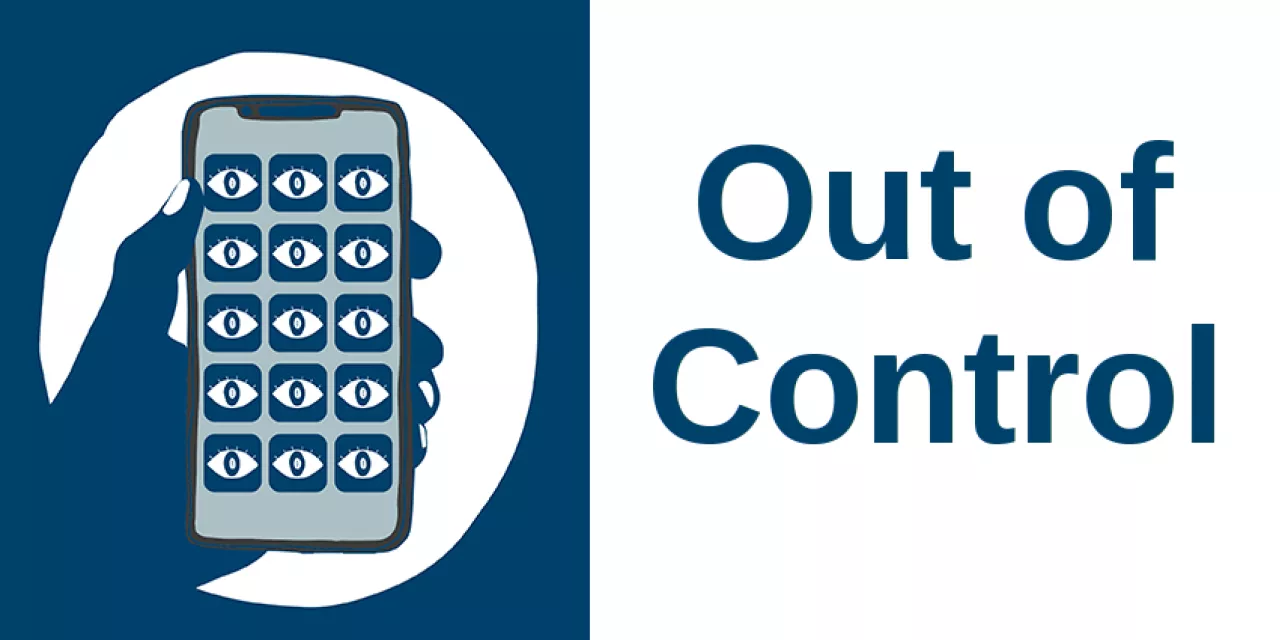 Illustration "Out of Control" mit einem Smartphone und Apps bestehend nur aus Augen.