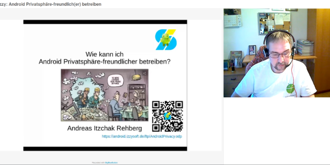 Screenshot eines Online-Vortrags. Links eine Präsentation, rechts Andreas „Izzy“ Itzchak Rehberg.