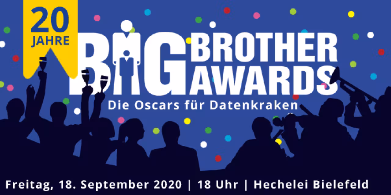 Grafik: Logo der BBAs mittig, im Vordergrund die Silhouette von feiernden Menschen, oben links ein gelber Banner mit der Aufschrift „20 Jahre“.