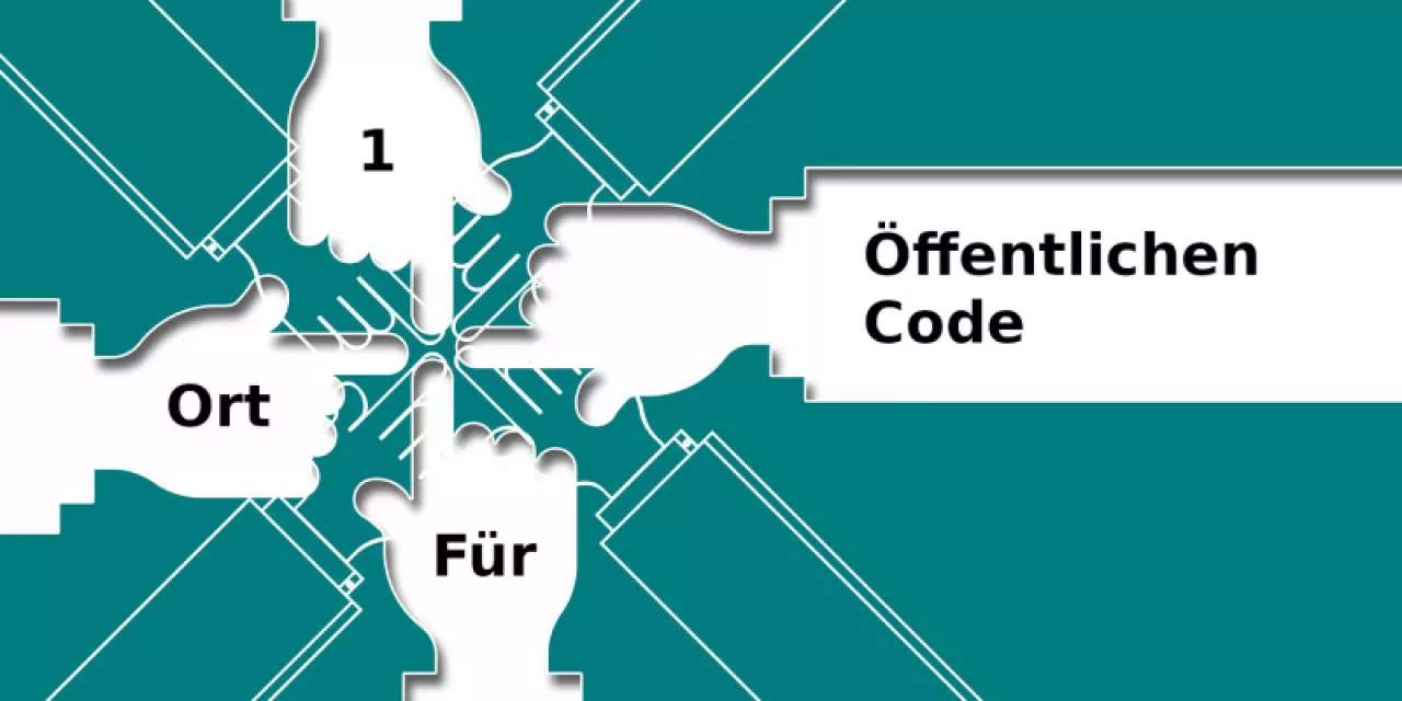 Grafik: Vier Hände mit ausgestrecktem Zeigefinger, die sich berühren. Darin steht je Hand folgender Text: „1 Ort für öffentlichen Code“.