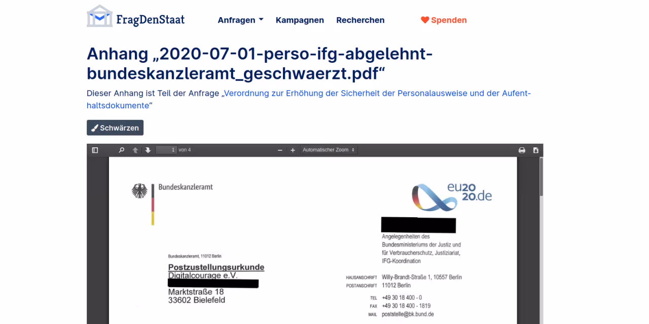 Screenshot des Antwortschreibens des Bundeskanzleramts.