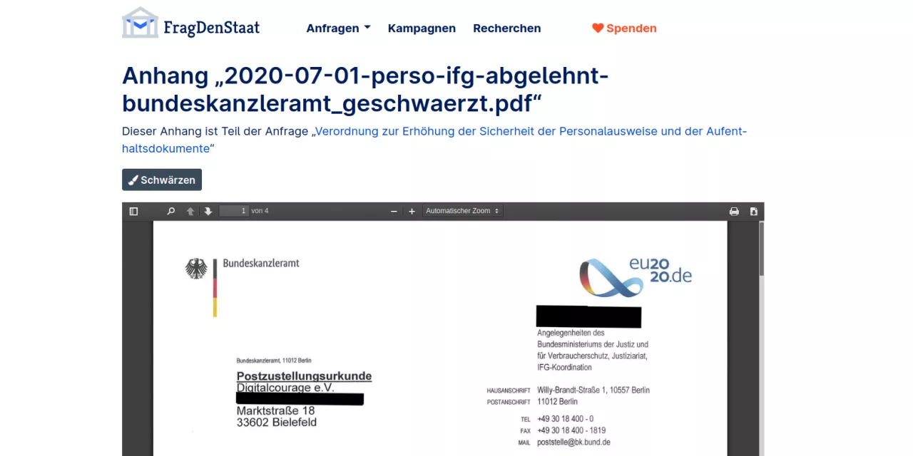 Screenshot des Antwortschreibens des Bundeskanzleramts.