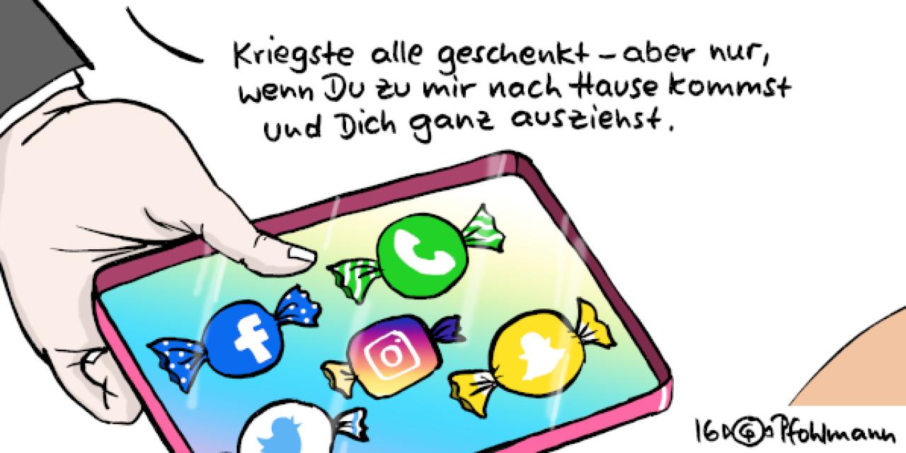 Karikatur: Eine Hand hält ein Tablet mit Apps in Form von Bonbons auf dem Bildschirm.