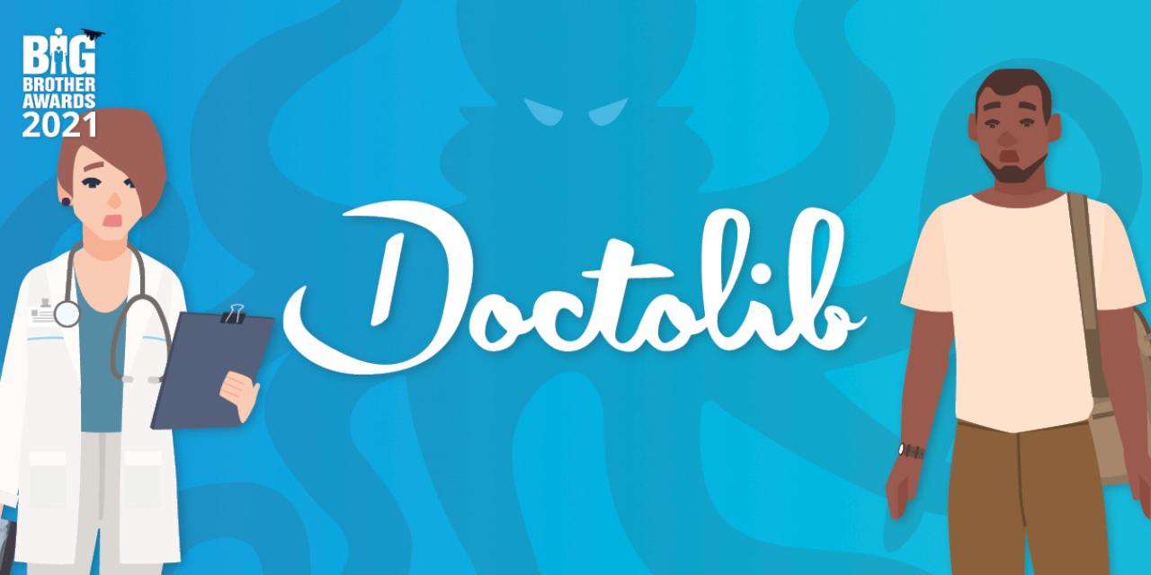 Links eine Ärztin, rechts ein weiterer Mensch, in der Mitte der Schriftzug Doctolib, im Hintergrund eine Krake
