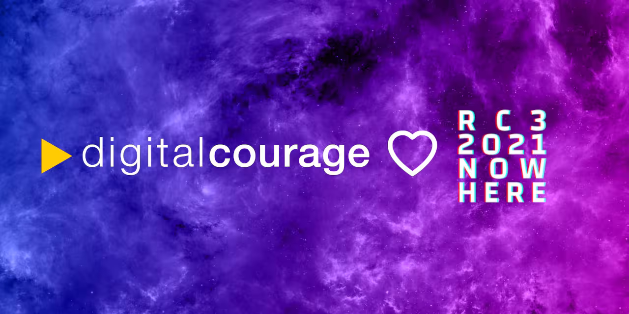 Grafik: Logos von Digitalcourage und dem RC3 auf einem Farbverlauf (blau-violet-pink).