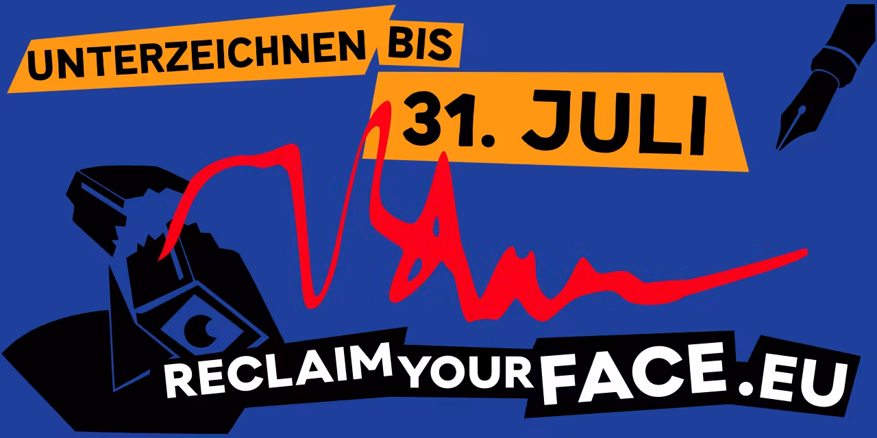Grafik mit einer abstrahierten Überwachungskamera (in schwarz), einer Unterschrift (in rot) und einem Füllfederhalter (in schwarz) auf blauem Untergrund. Auf einem orangenen Banner steht: "Unterschreiben bis 31. Juli".