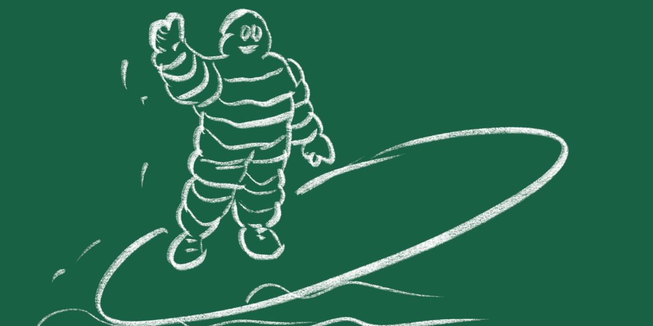 Zeichnung einer dick gepolsterten Figur auf einem Surfbrett vor grünem Hintergrund.