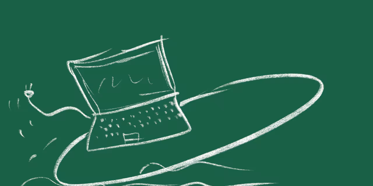Gezeichneter Laptop auf Surfboard vor gründem Hintergrund.