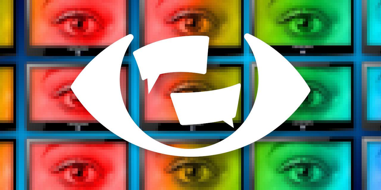 Logo der Kampagne "Chatkontrolle STOPPEN!" vor zahlreichen Augen, welche aus Bildschirmen starren. Logo der Kampagne: https://chat-kontrolle.eu/