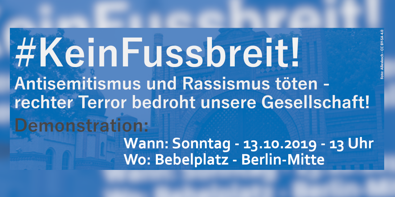 Grafik mit weißer Schrift auf blauem Hintergrund: #KeinFussbreit! Und Daten zur Veranstaltung.