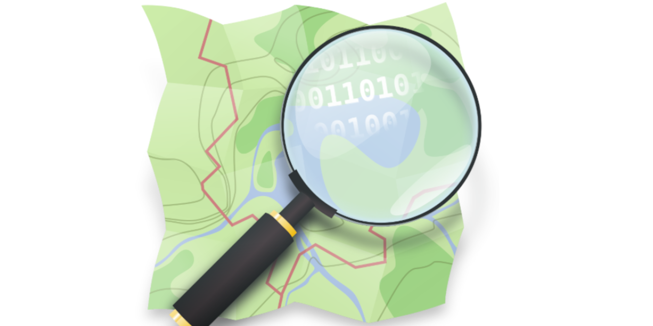 Grafik einer Lupe vor einer Landkarte, Logo der Openstreetmap