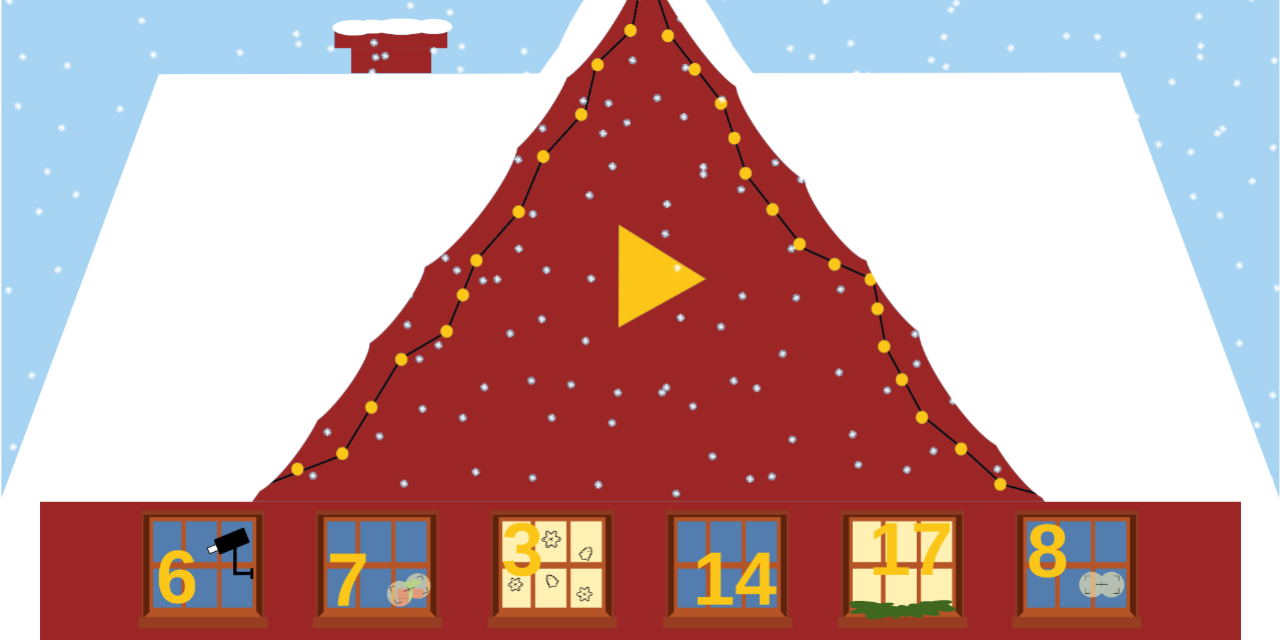 Weihnachtliches rotes Haus mit Schnee auf dem Dach und nummerierten Fenstern.