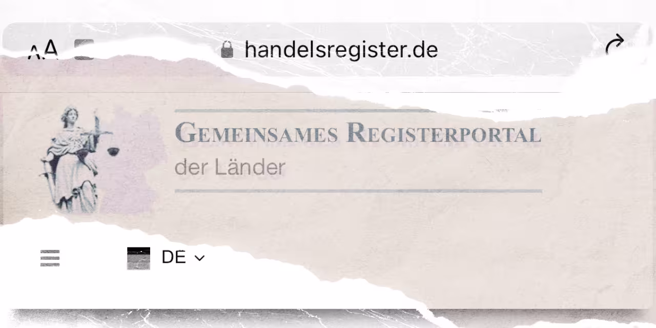 Kopf der Website "Handelsregister.de" mit Schriftzug "Gemeinsames Registerportal der Länder" und Justizia-Logo