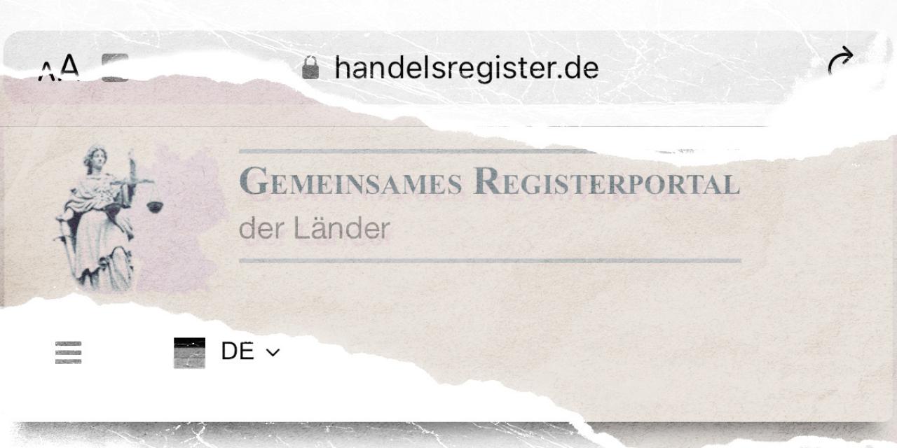 Kopf der Website "Handelsregister.de" mit Schriftzug "Gemeinsames Registerportal der Länder" und Justizia-Logo