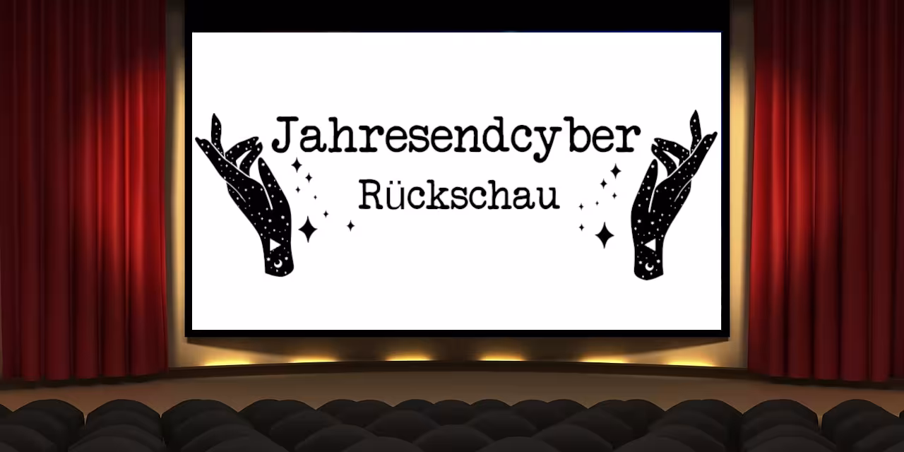 Eine Kinoleinwand, aus der Perspektive einer Besucherin. Auf der Leinwand ist das Aufmacherbild zum "Jahresendcyber" zu sehen.