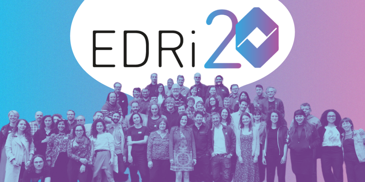 Logo von EDRi mit einer 20, im Vordergrund ein Foto von Engagierten bei EDRi und bei den Mitgliedsorganisationen