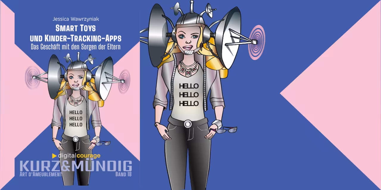 Das Titelbild des Bands 18 der Reihe "kurz&mündig" zum Thema Smart Toys und Kinder-Tracking-Apps. Zu sehen ist die Zeichnung eines Mädchens, dessen Kopf mit Sendemasten bestückt ist.