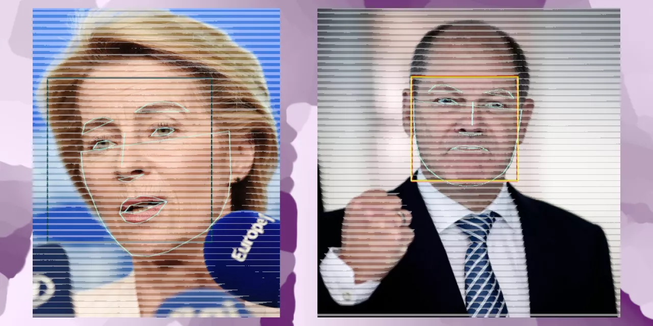 EU-Kommissionpräsidentin Ursula von der Leyen und Bundeskanzler der Bundesrepublik Deutschland Olaf Scholz mit symbolischer Gesichtserkennung über ihren Gesichtern und vor verkünsteltem Hintergrund.