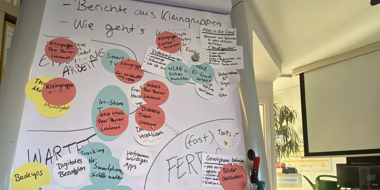 Flipchart mit vielen bunten Zetteln mit dem jeweiligen Bearbeitungsstatus der Artikel der Digitalen Selbstverteidigung.