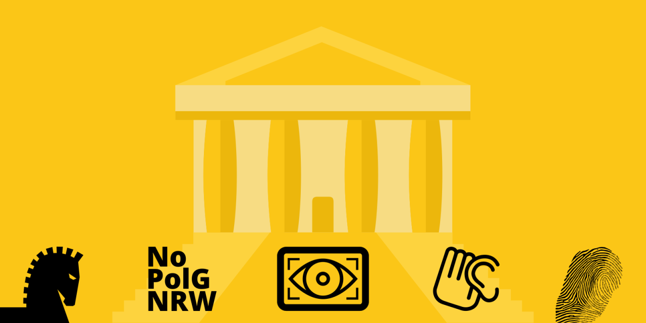 Grafik: Ein Gerichtsgebäude in Gelbabstufungen. Darunter in einer Reihe diverse Symbole die thematisch die Klageinhalte abbilden sollen.