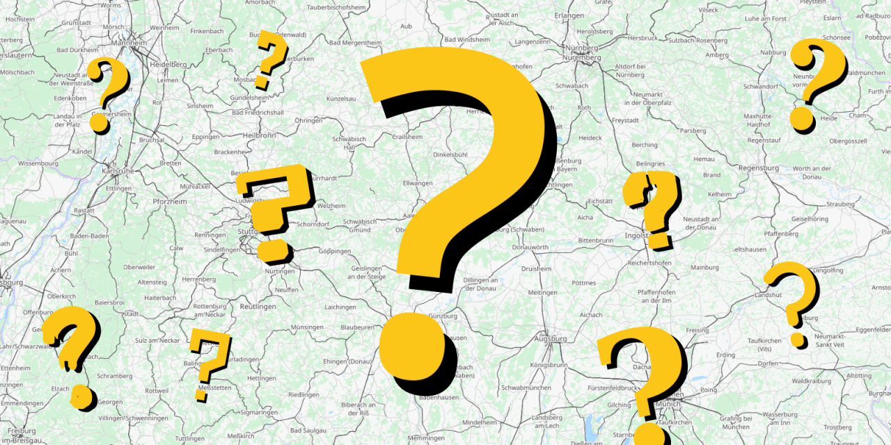 Collage: Eine OpenStreetMap-Landkarte. Darauf viele gelbe Fragezeichen verteilt.