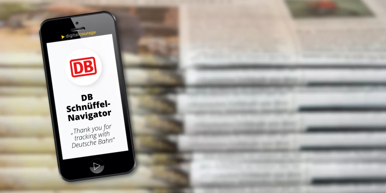 Grafik eines Smartphones mit der App „DB Schnüffel-Navigor“. Im Hintergrund ein Stapel Zeitungen.