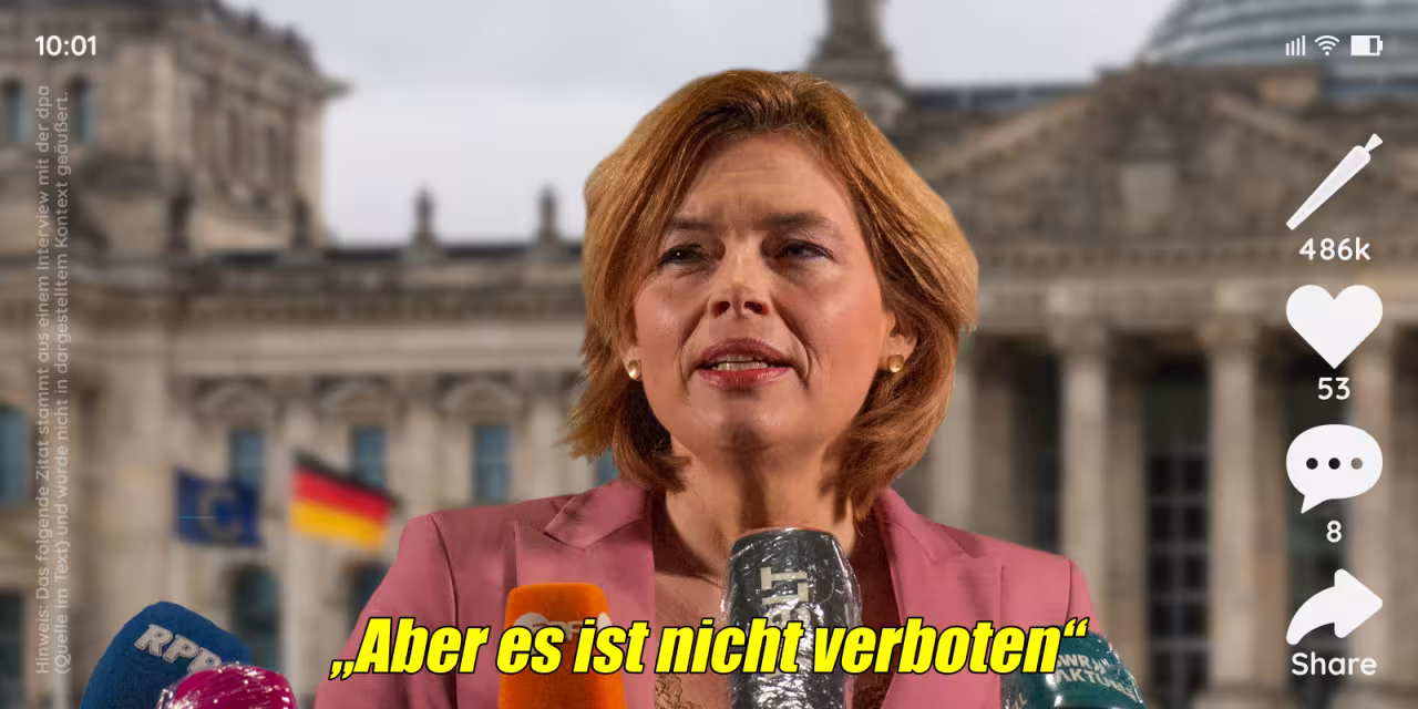 Fotomontage: Julia Klöckner vor dem Bundestag mit einem Social-Media-Overlay (liken, kommentieren, teilen). Im unteren Bildrand das Zitat: „Aber es ist nicht verboten.“