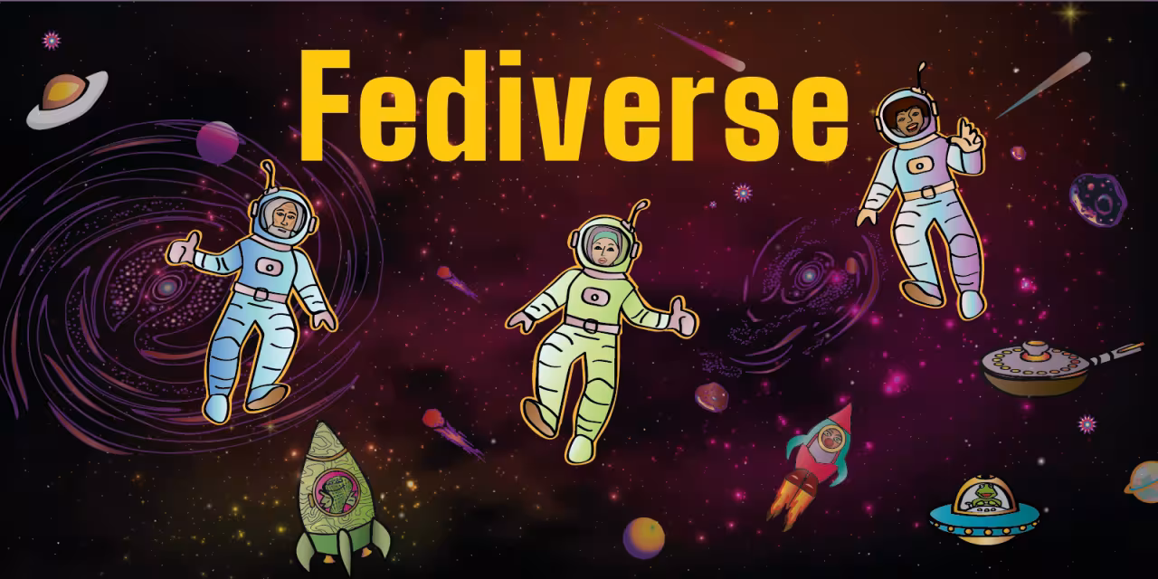 Illustration eines Universums mit Astronaut.innen und anderen Gestalten.
