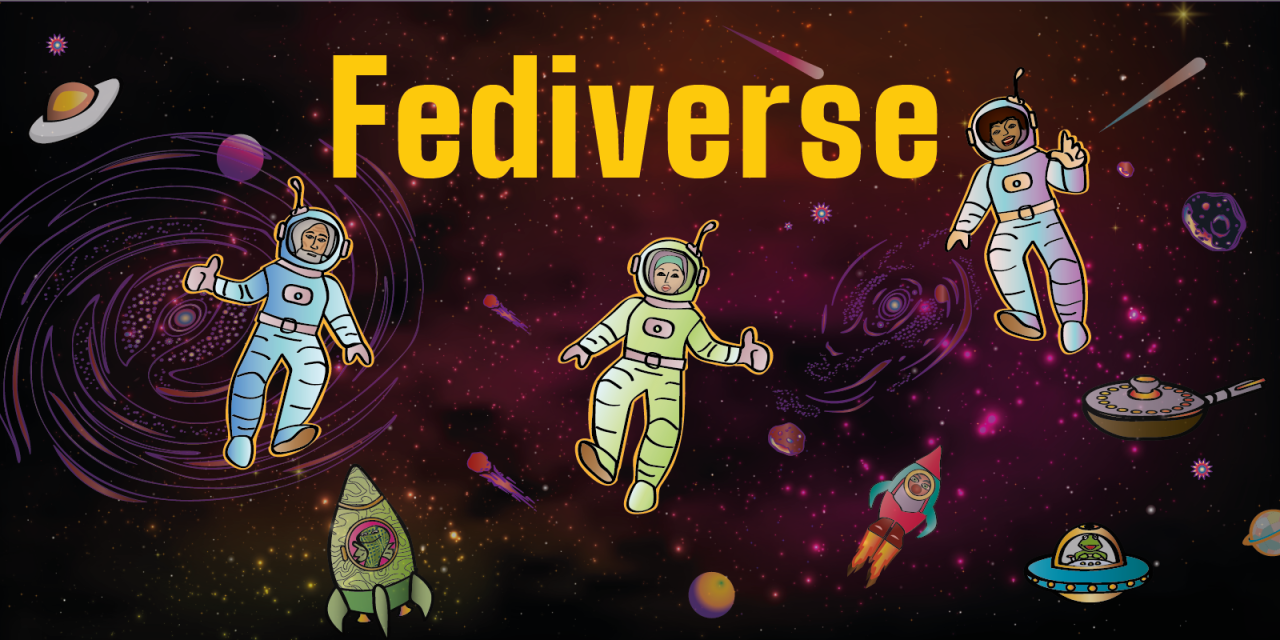 Illustration eines Universums mit Astronaut.innen und anderen Gestalten.