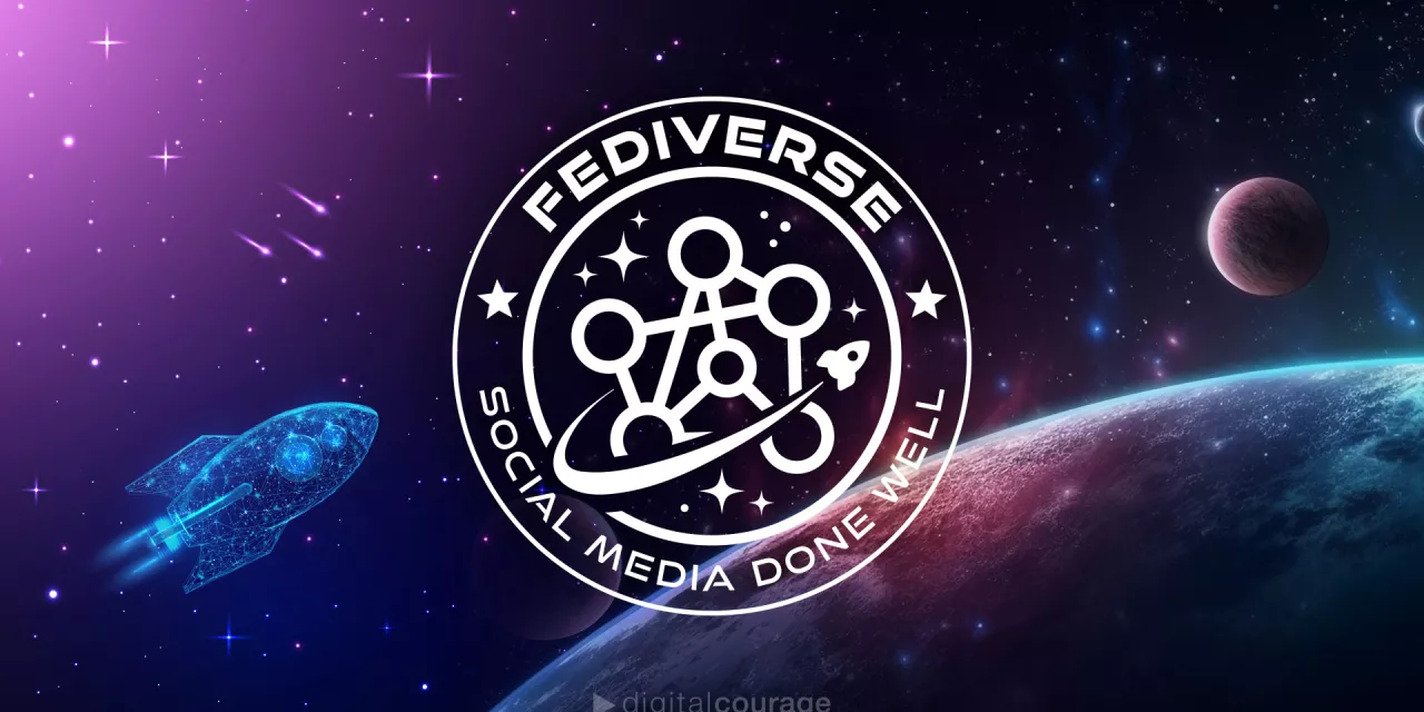Ein Raumschiff und ein Planet, alles in lila gehalten. Darüber ein Fediverse-Logo mit dem Satz "Social Media Done Well".
