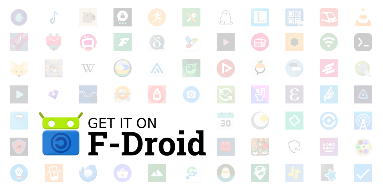 Grafik: Präsent das F-Droid-Logo, im Hintergrund ganz viele unterschiedliche F-Droid-Apps.