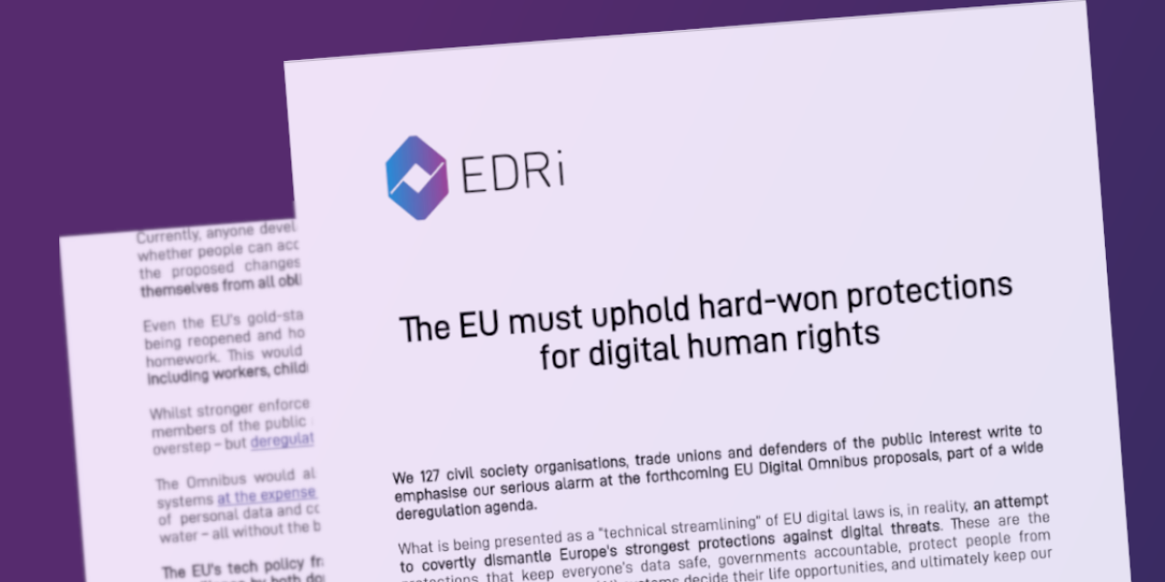 Ausschnitte des offenen Briefes von EDRi vor lilanem Hintergrund