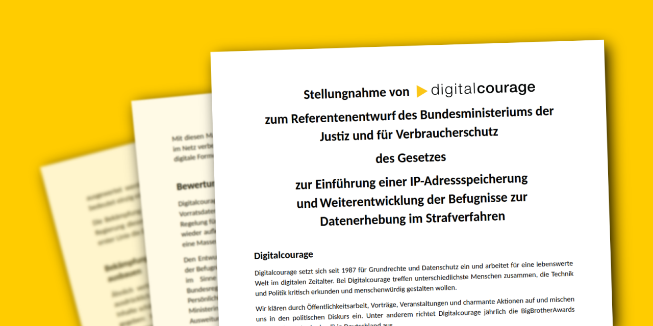 Grafik: „Ausgedruckte“ Stellungnahme von Digitalcourage auf gelbem Grund.