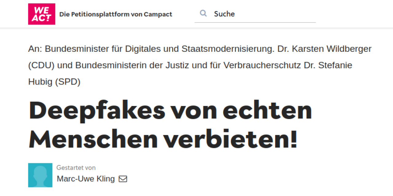Screenshot der Petitionsseite "Deepfakes von echten Menschen verbieten!"