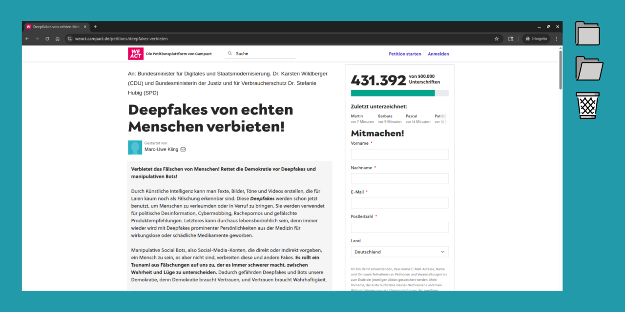 Screenshot der Petitionsseite „Deepfakes von echten Menschen verbieten!“