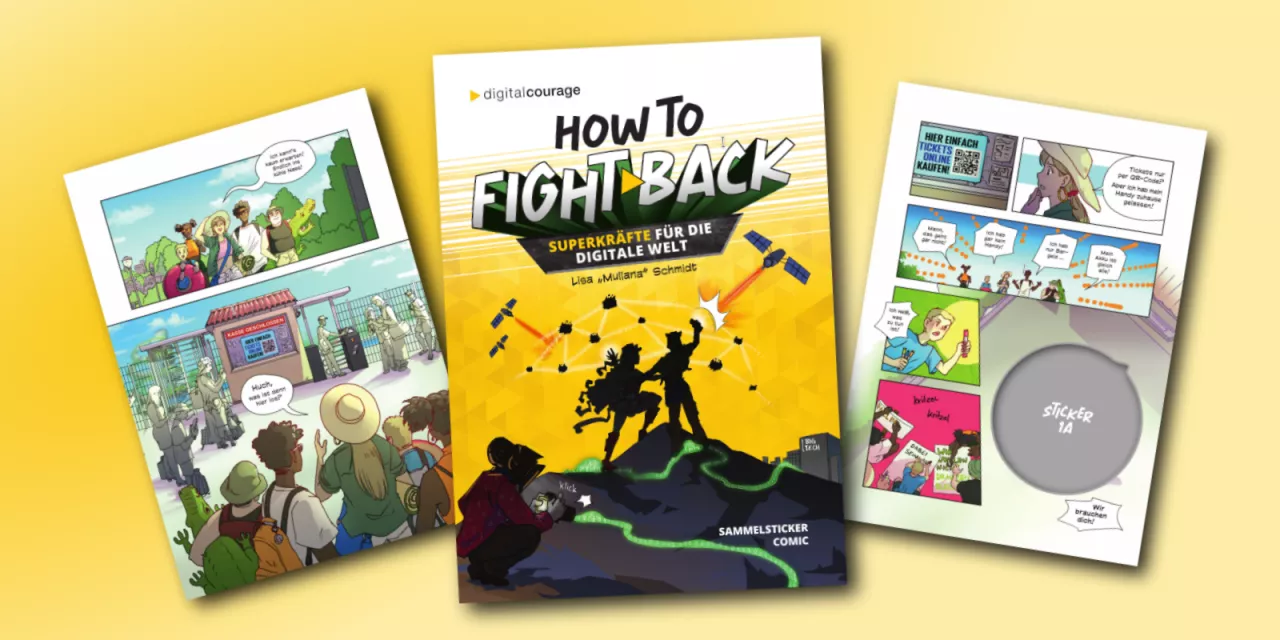 Titelseite des Comics „How to fight back“ plus zwei Innenseiten.