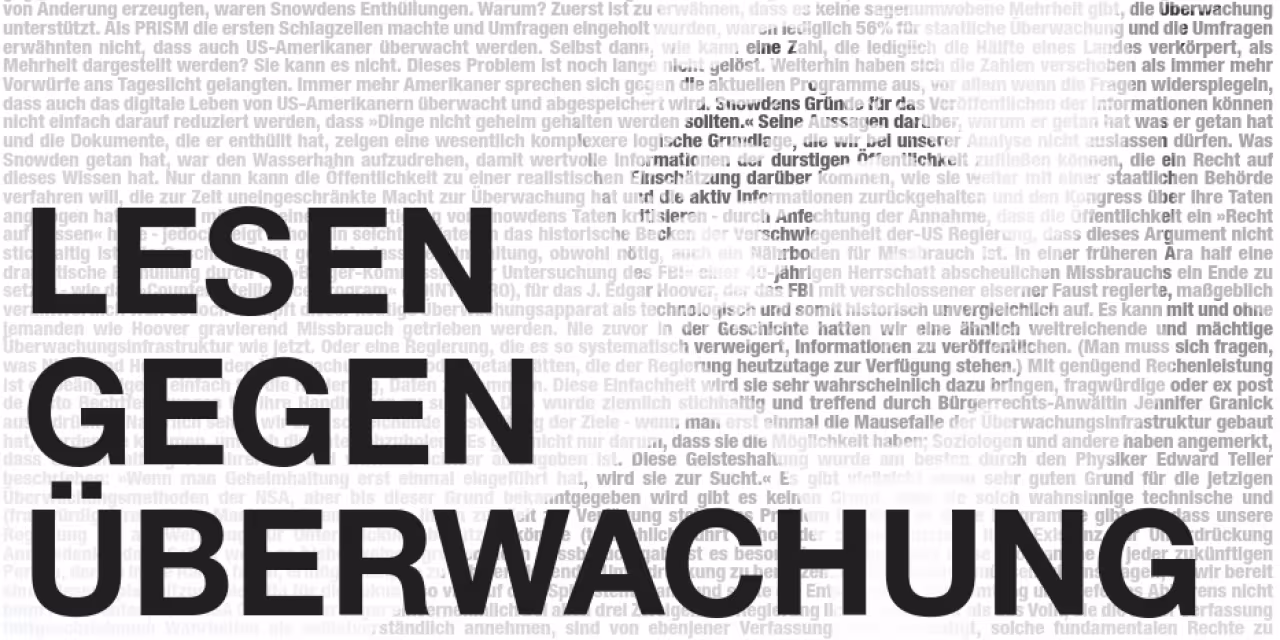 Aus Nullen und Einsen das Bild von Edward Snowden nase abwärts in schwarz-weiß. Dafürber der Schirftzug "Lesen gegen Überwachung".